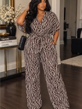 Posh Brown & Cream Zebra-Print Wrap Jumpsuit